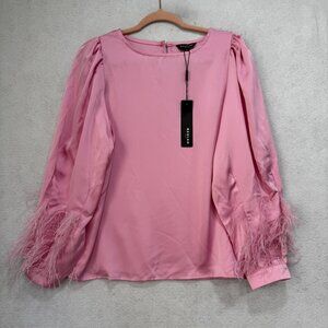 Beulah Style Shirt Womens Medium Pink Feather Cuff Satin Long Sleeve MC2598